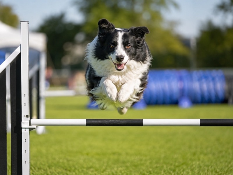 Hund springt im Agility-Parcours über eine Hürde