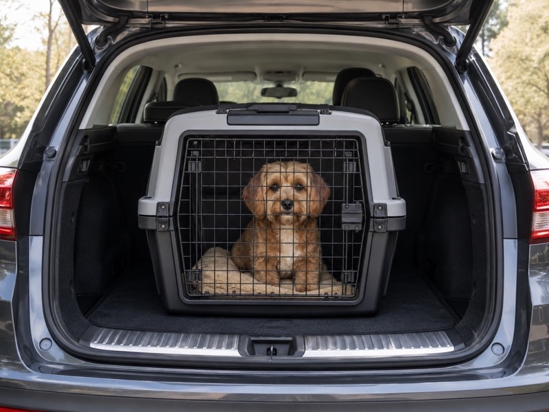 Kleiner Hund sitzt sicher angeschnallt in einer Transportbox im Kofferraum eines Autos