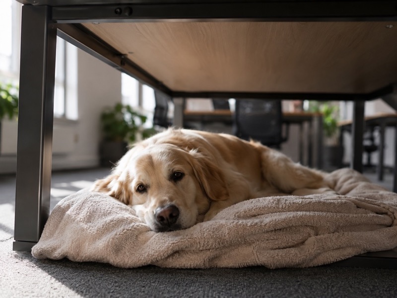 Entspannter Hund liegt unter einem Schreibtisch in einem modernen Büro