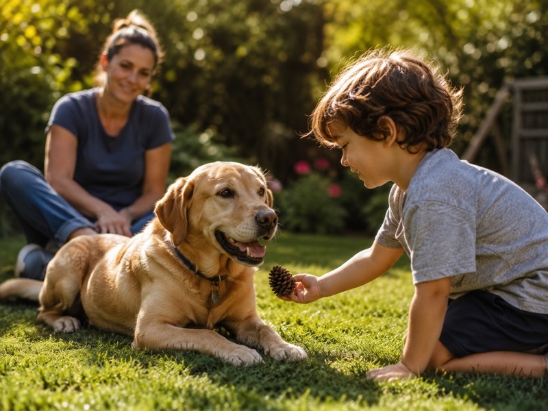 Kind und Hund spielen entspannt und beaufsichtigt im Garten