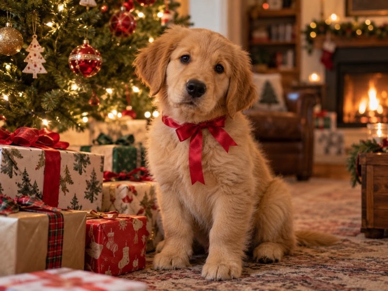 Welpe mit roter Schleife sitzt neben Weihnachtsgeschenken unter dem Christbaum