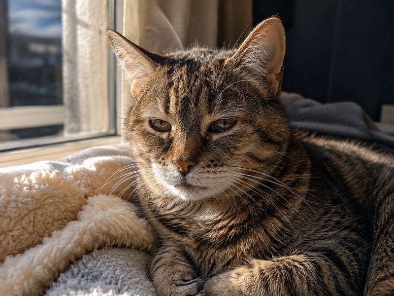 Entspannte ältere Katze liegt auf einer weichen Decke und genießt die Sonne