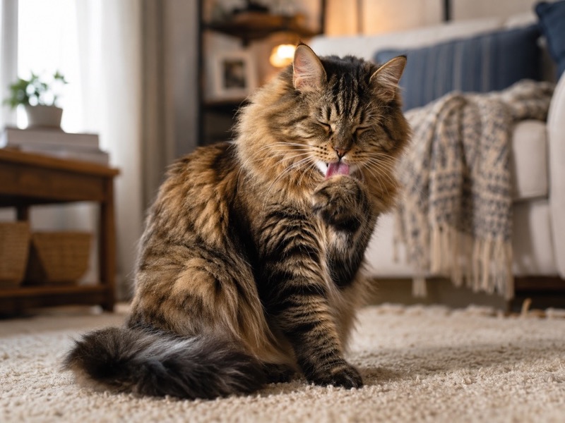 Katze putzt ihr Fell mit der Zunge und schluckt dabei lose Haare