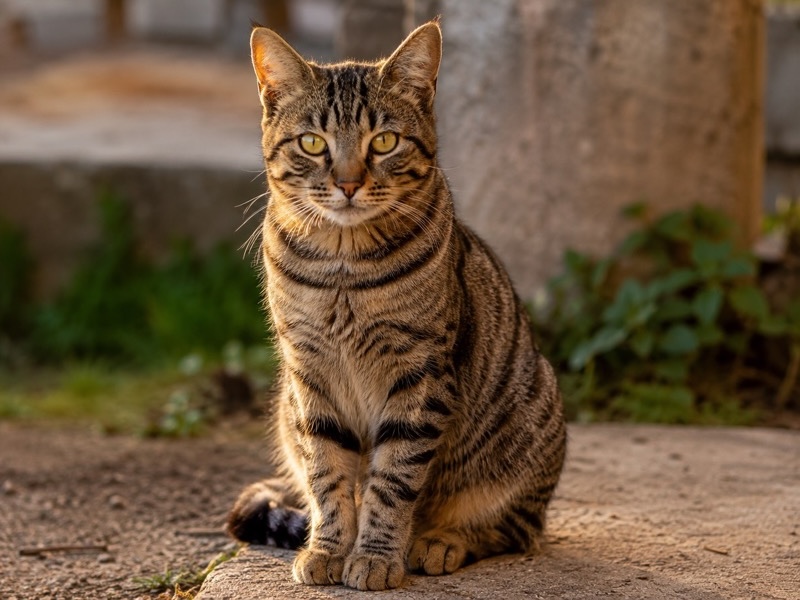 Eine getigerte Hauskatze sitzt aufmerksam in warmem Licht und erinnert an ihre wilden Vorfahren