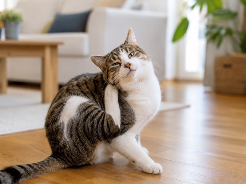 Katze kratzt sich am Hals, mögliches Anzeichen für eine Allergie