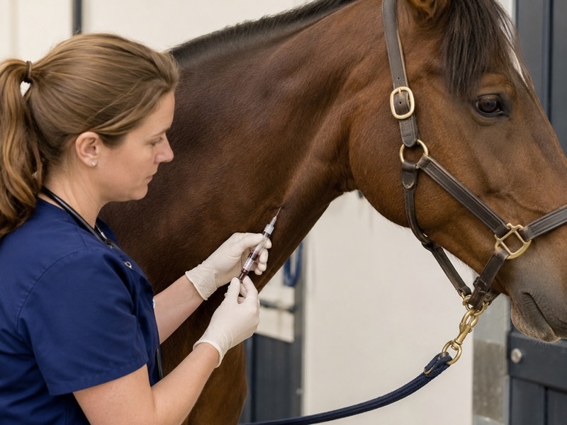 Tierarzt entnimmt einem Pferd Blut für einen Coggins-Test zur EIA-Diagnose