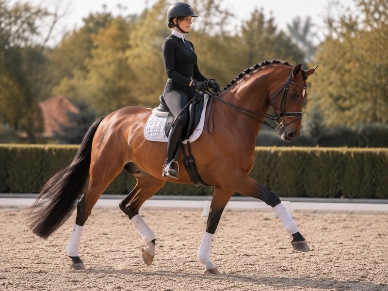 Reiterin sitzt ausbalanciert und entspannt auf einem zufrieden gehenden Pferd in der Reitbahn