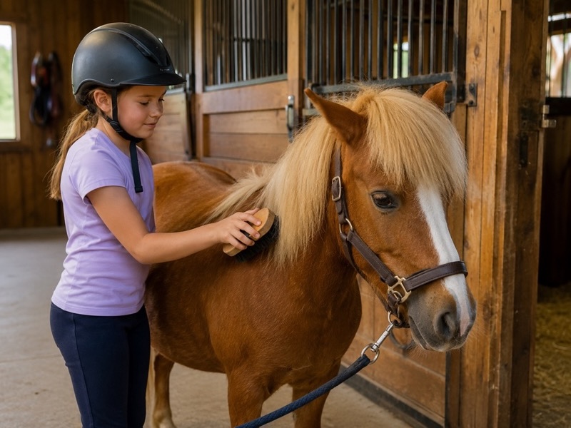 Kleines Mädchen mit Reithelm putzt liebevoll ein Pony auf dem Reiterhof