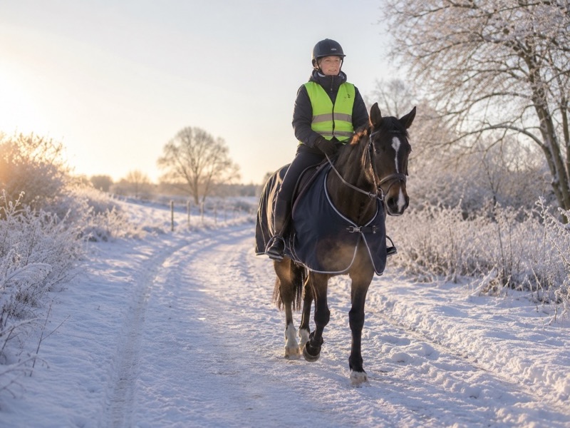 Pferd und Reiterin bei einem Ausritt durch verschneite Winterlandschaft in der Wintersonne